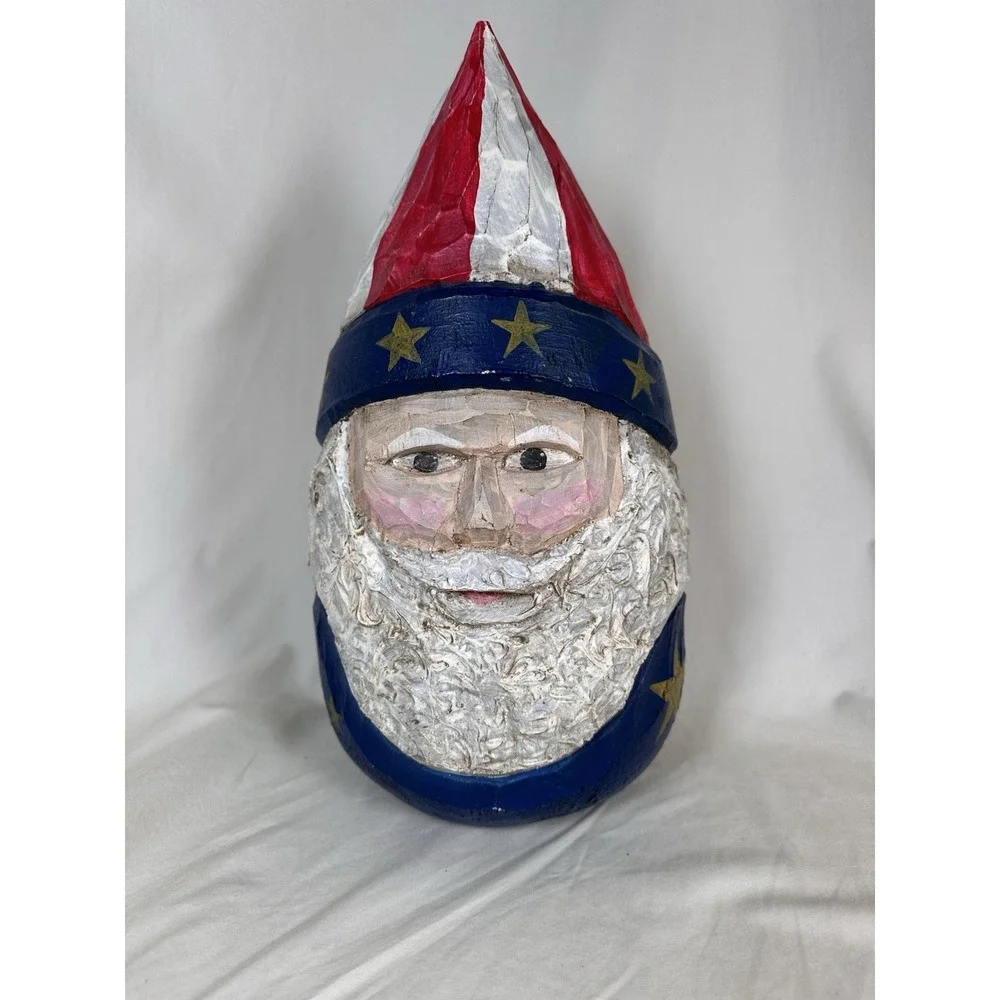 Hand Carved Patriotic Santa Figure Red White Blue Americana Folk Art Decoration‎